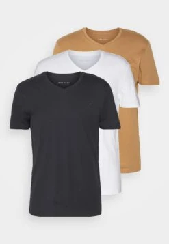Pier One V Neck Bird Tonal 3 PackT-Shirt BasicLight Brown/White/Dark Blue Uomo T-shirt E Polo PI922O0XL-O11 -Noble rain 0432cd1a25834e40a531c5cea7b3b6cc